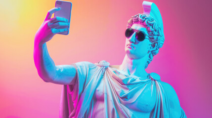 Fototapeta premium Ancient Greek statue taking selfie with smartphone while wearing modern sunglasses on gradient neon background