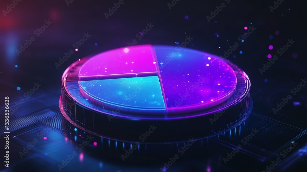 Poster d glowing pie chart in a dark digital environment a futuristic pie chart with neon blue and purple g