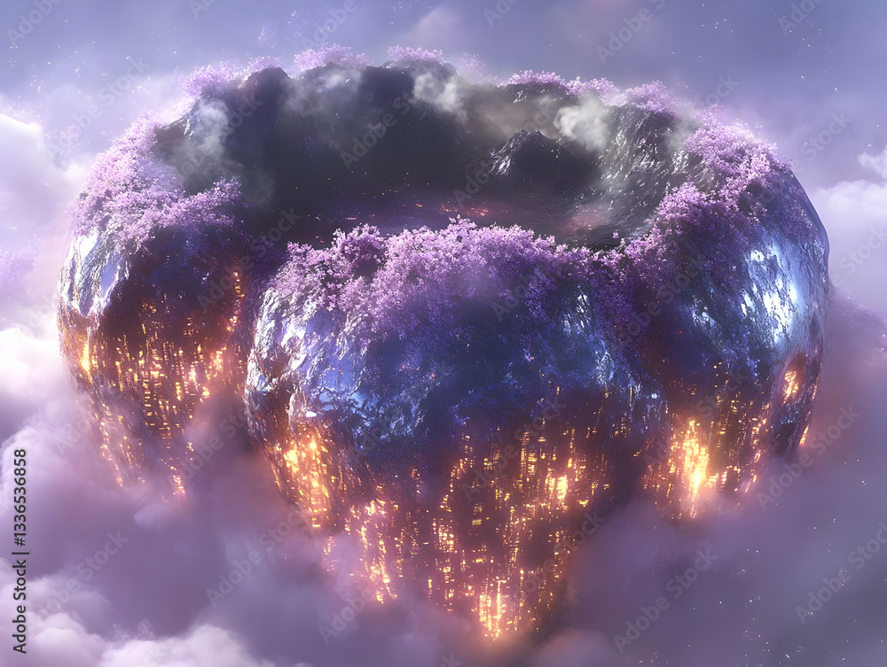 Poster floating purple ring exploding with fire in the clouds