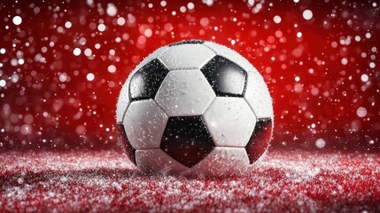 Naklejka premium Soccer ball on snowy red background.