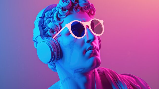 Classical greek or roman statue with sunglasses and headphones illuminated by vibrant neon lights background
