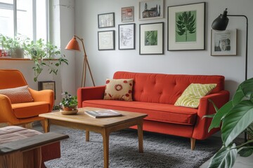 Cozy living room with vibrant orange couch and artwork