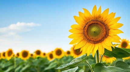Obraz premium Vibrant sunflower blooming in a field with a clear blue sky in the background, symbolizing summer and natural beauty.
