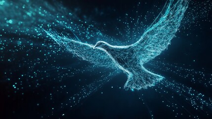 Abstract Digital Dove Symbolizing Communication  An abstract vertical composition of a dove-shaped digital figure flying upwards