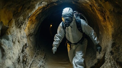 Researcher exploring dark underground tunnel with protective suit and gas mask