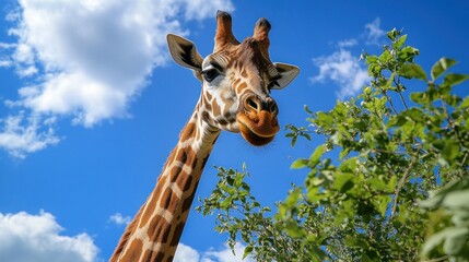 Fototapeta premium Towering giraffe stretching its neck to reach the lush green leaves against sky