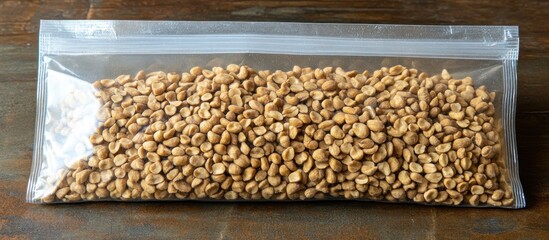 Clear plastic bag filled with roasted shelled peanuts close up