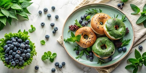 A delightful arrangement of sweet treats ring-shaped pastries with green icing, nestled amongst fresh blueberries and vibrant herbs on a light teal plate