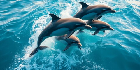 Obraz premium A pod of dolphins playfully leaps and dives through the ocean's vibrant waves, showcasing their grace and agility in a breathtaking underwater ballet.