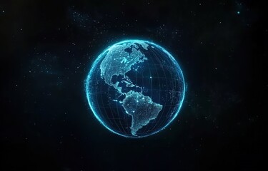 Obraz premium A glowing blue planet Earth with light lines and dots on a black background, a futuristic technology video animation background.