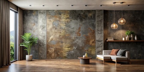 Modern Living Room Interior Design with Textured Wall and Wooden Floor