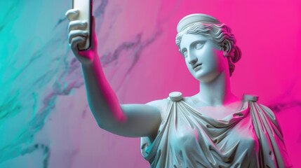Fototapeta premium White classical ancient goddess statue looking at smartphone or making a selfie against vibrant background