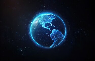 Fototapeta premium A glowing blue planet Earth with light lines and dots on a black background, a futuristic technology video animation background.