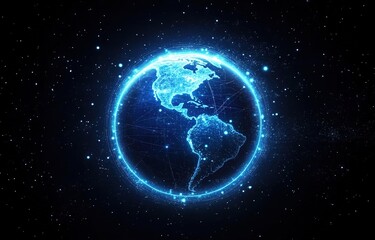 Fototapeta premium A glowing blue planet Earth with light lines and dots on a black background, a futuristic technology video animation background.