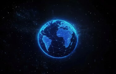 Fototapeta premium A glowing blue planet Earth with light lines and dots on a black background, a futuristic technology video animation background.