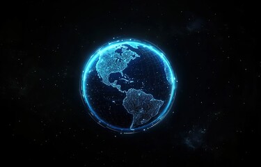 Fototapeta premium A glowing blue planet Earth with light lines and dots on a black background, a futuristic technology video animation background.
