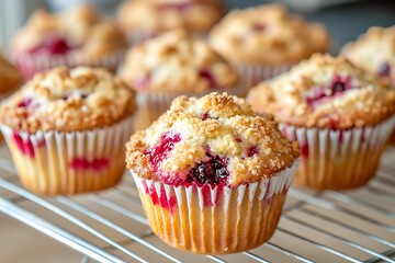 detailed image of artisan fruit muffins brown baked brittle crowns red berry center peeking in white liners on iron tray gentle light shallow field dish
