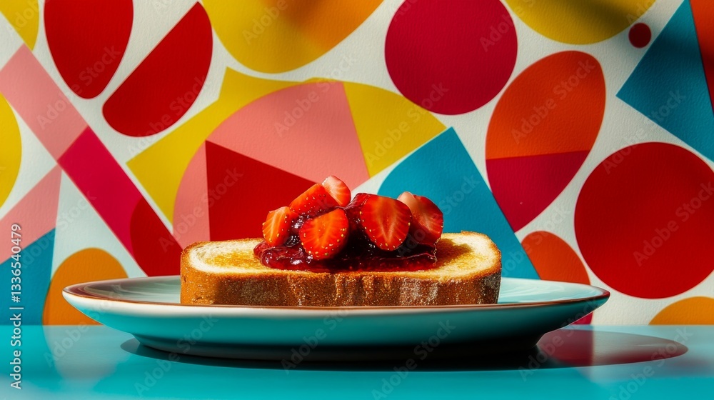 Poster oast with strawberry jam on a geometric patterned wallpaper a slice of toast topped with strawberry 