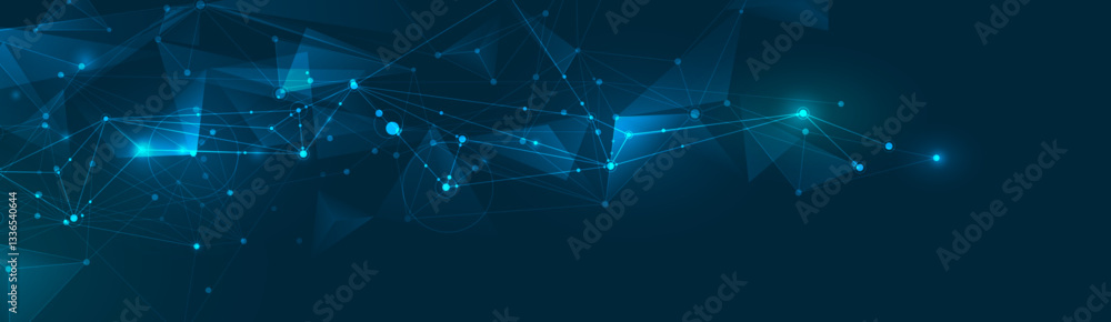 Leinwandbilder Vector Abstract molecule, internet network connection design for web site. Network Connected lines, dots, technology on blue background. Digital data, communication, cyberspace, futuristic concept