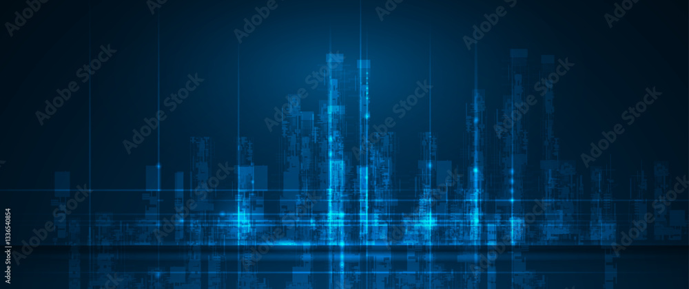 Poster vector illustration architecture, cityscape with cyber space, neon light. modern hi-tech, science, d