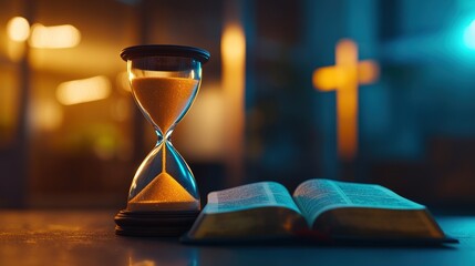 Hourglass and open Bible in a church setting