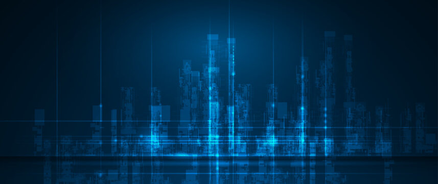 Vector illustration architecture, cityscape with cyber space, neon light. Modern hi-tech, science, data - datum futuristic technology concept. Abstract digital city, innovation design for background