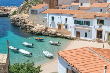 Secluded cove with whitewashed houses, sandy beach, and moored boats in clear turquoise water