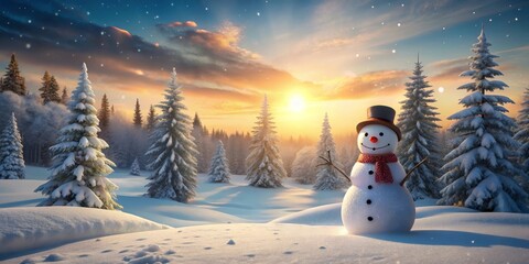 Obraz premium A cheerful snowman stands in a winter wonderland, amidst snow-covered evergreen trees, bathed in the warm glow of a picturesque sunset.