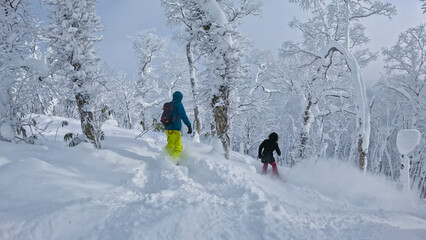 Unrecognizable snowboarders shred powder snow, weaving between snow laden trees in a serene, snow-covered forest in Rusutsu. The untouched terrain and fresh lines offer an epic snowboarding adventure.