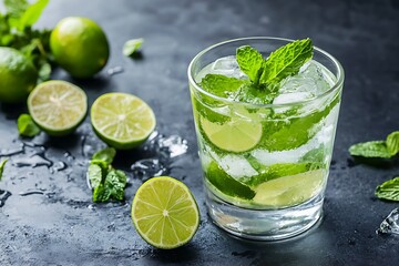 cocktail with green lime and mint  
