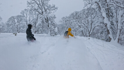 Two snowboarders carve through Hokkaido&rsquo;s deep powder. One wears a yellow jacket, the other red pants and black puffer, gliding between trees on untouched snow. Epic winter off-piste ride in Japan.