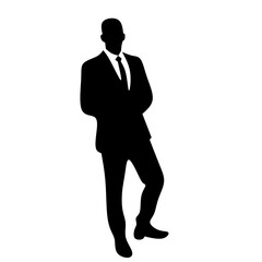 A confident businessman silhouette standing with crossed legs, wearing a professional suit and tie. Ideal for business, corporate success, leadership, and networking concepts