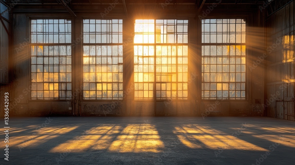 Poster sunlight streams through large windows in an empty industrial building.