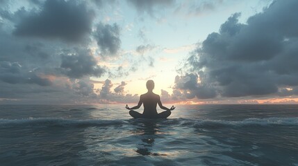 Woman meditating on calm ocean at sunset.