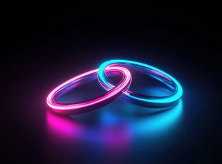 Fototapeta premium 3D render, neon lights, and two wedding rings on a black background. Abstract minimalistic design with a glowing effect in blue and pink colors.