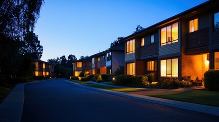 Obraz premium Residential street at twilight. Illuminated homes line a curving road