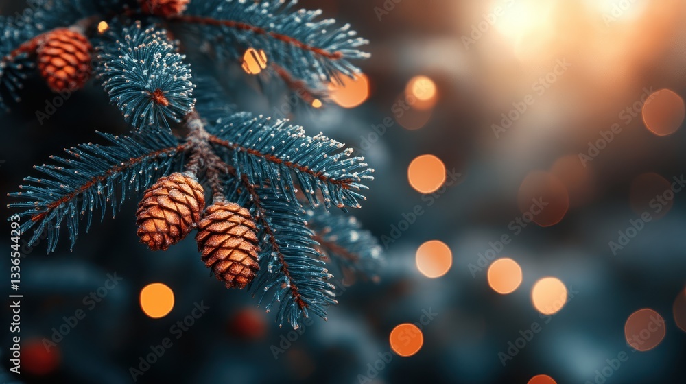 Poster Close-up of frosted pine branch with cones, bokeh background.