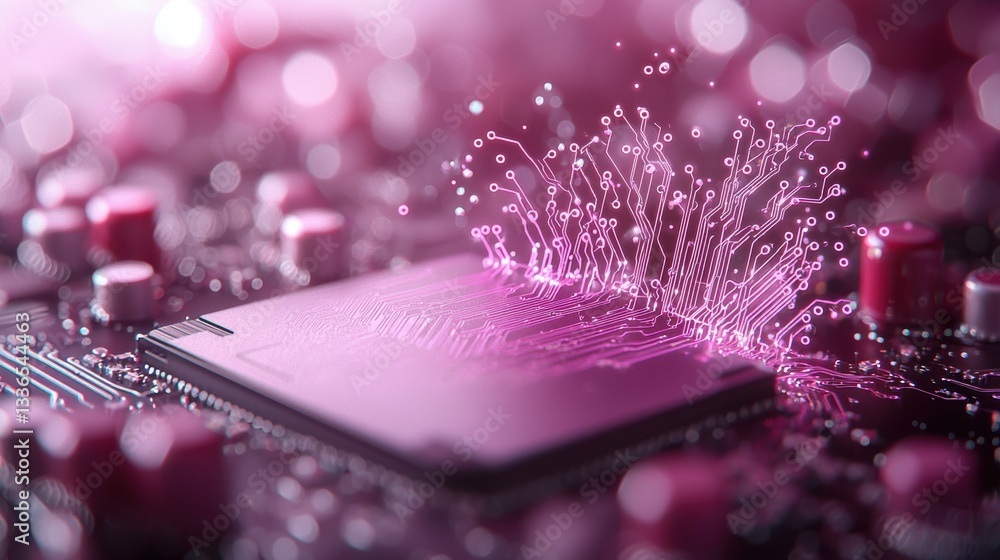 Poster vibrant neon pink microchip with branching pathways glowing against a digital circuit background