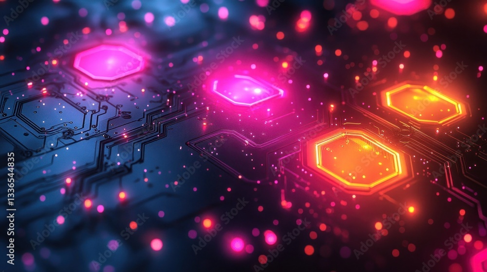 Aufkleber close-up of glowing circuit board with hexagonal components and vibrant pink and orange lights.