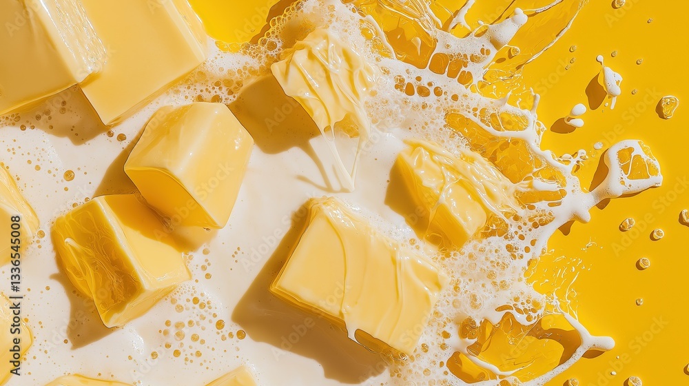Poster group of cubes of butter on a yellow background. the cubes are arranged in a scattered manner, with 