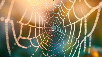 Dew-covered spiderweb, sunrise, nature, garden, background bokeh