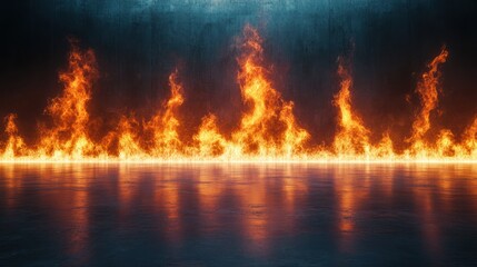 Fiery inferno wall reflected on wet floor.