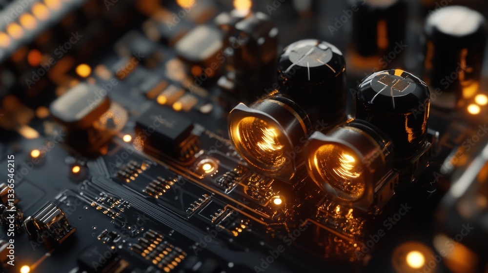 Poster close-up of illuminated circuit board components, showcasing intricate design and glowing elements.