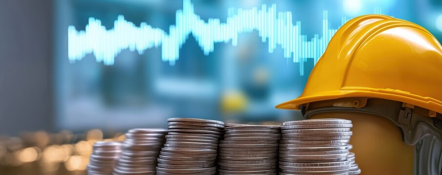 A construction worker in a hard hat stands beside stacks of coins, with soundwave graphics in the background, symbolizing financial progress and industry.