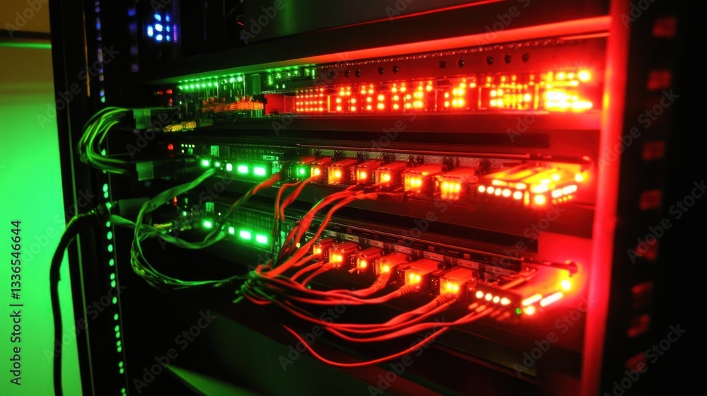 Poster close-up of illuminated server rack with cables and network devices.