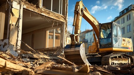 A construction excavator demolishing a building amidst debris, showcasing urban development and machinery in action under a clear blue sky.