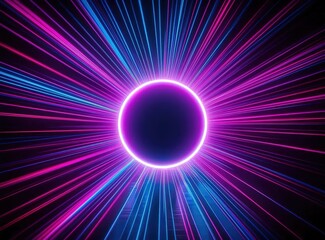 Neon blue and pink laser beams radiating from the center of an illuminated circle on a black background.