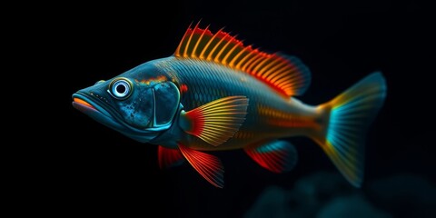 Fototapeta premium Vibrant aquatic creature with iridescent fins and scales, swimming in dark water, showcasing its unique coloring and detailed anatomy.