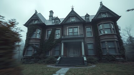 Dark gothic mansion, eerie atmosphere, overgrown garden, cloudy sky, haunted house, Victorian architecture, turrets, bay windows, sinister facade, fog, desaturated colors, spooky ambiance, abandoned p