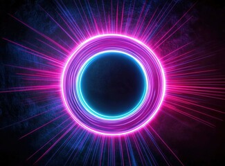 Obraz premium Neon blue and pink laser beams radiating from the center of an illuminated circle on a black background.